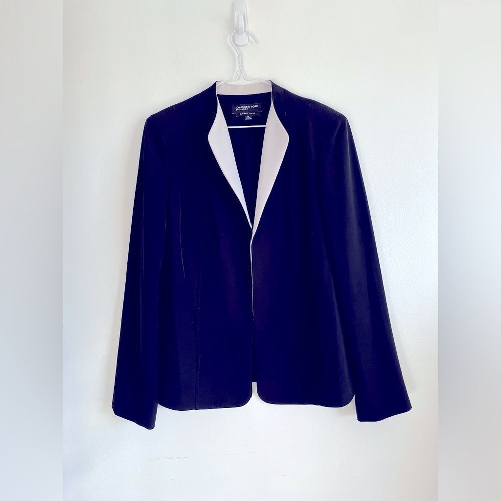 Jones New York Stretchy Crepe Open Blazer, White Lapel Detail Sz 10